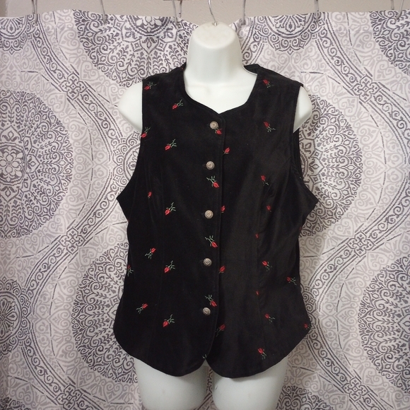 Vintage Stonebridge Goth Cotton Black Rose Velvet Vest Size 10 - Picture 2 of 9